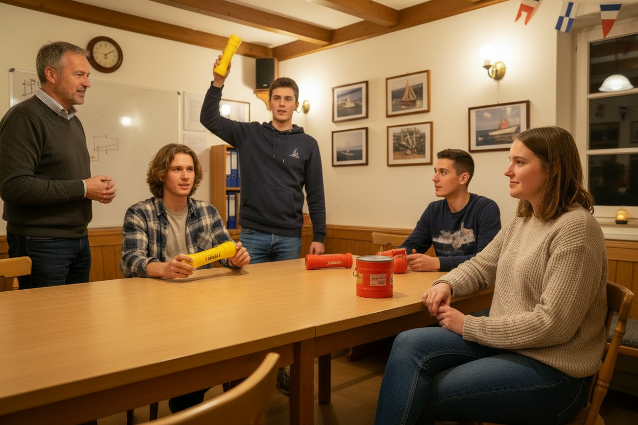 Teilnehmende eines FKN-Kurses üben den sicheren Umgang mit Seenotsignalmitteln in einem Schulungsraum. Ein Ausbilder erklärt den Einsatz von Handfackeln und Signalmitteln, die Gruppe sitzt an einem Tisch und bereitet sich auf den Fachkundenachweis Pyrotechnik für den Wassersport vor