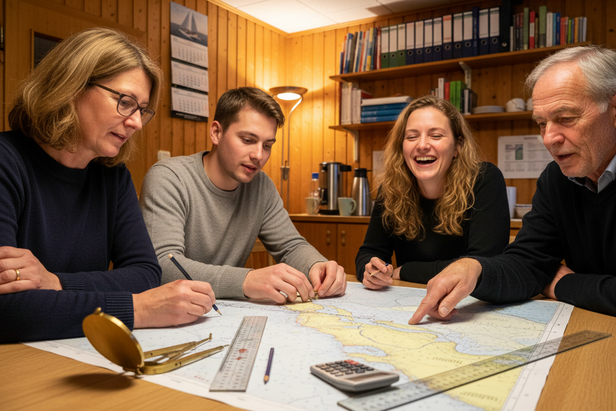 Teilnehmende eines SKS-Theoriekurses sitzen gemeinsam an einem Tisch und arbeiten an einer Seekarte. Mit Zirkel, Lineal und Taschenrechner üben sie Navigation und Routenplanung im Rahmen der Theorieausbildung zum Sportküstenschifferschein.